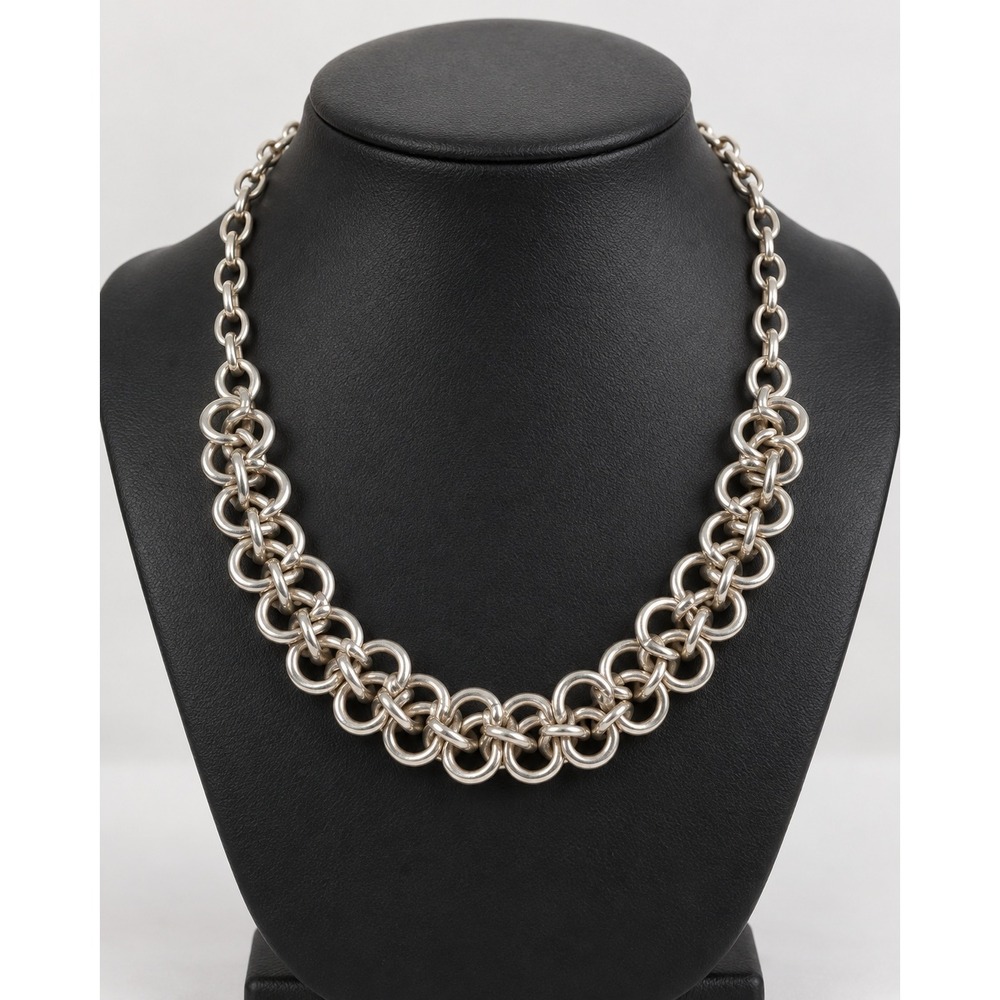 Silver Tone Chunky Interlocking Ring Chain Link Statement Necklace Collar